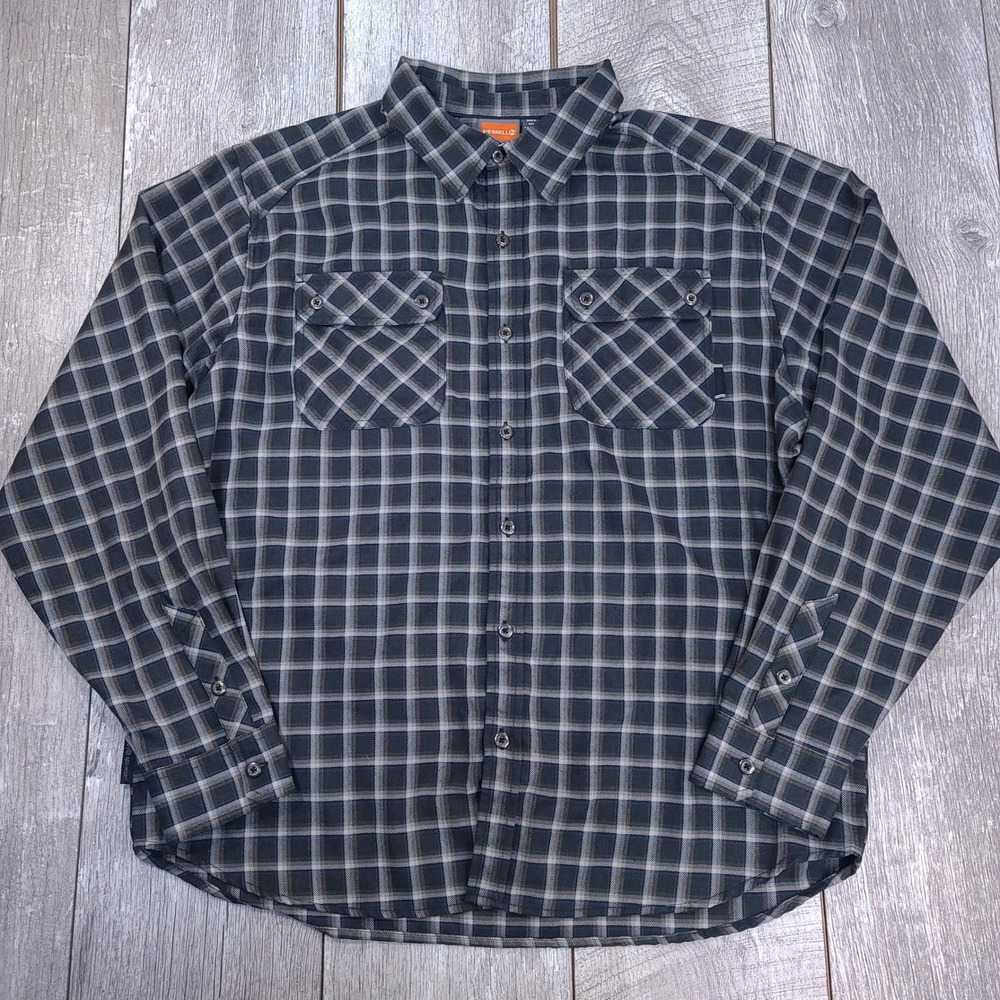 Merrell Button Front Shirt Mens XL Grey Blue Plaid Opti-Wick Long Sleeve Hiking